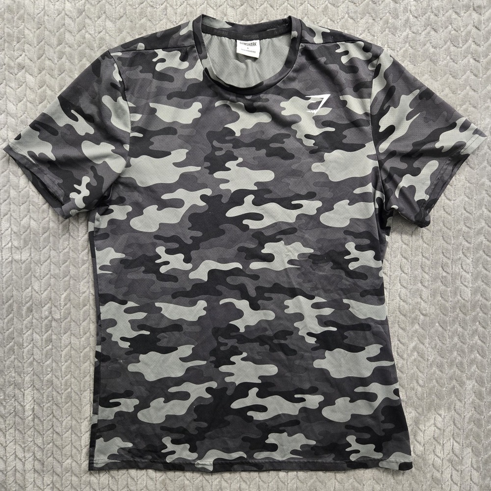 Gymshark Arrival Shirt Mens Large Black Grey Camo Performance Training Outdoors